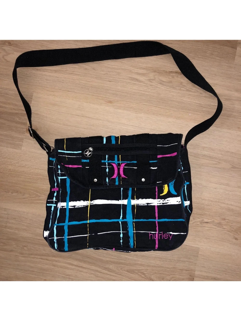 Vintage Hurley Wide Strap Shoulder Courier Messenger Tote Bag Y2K Black Rainbow
